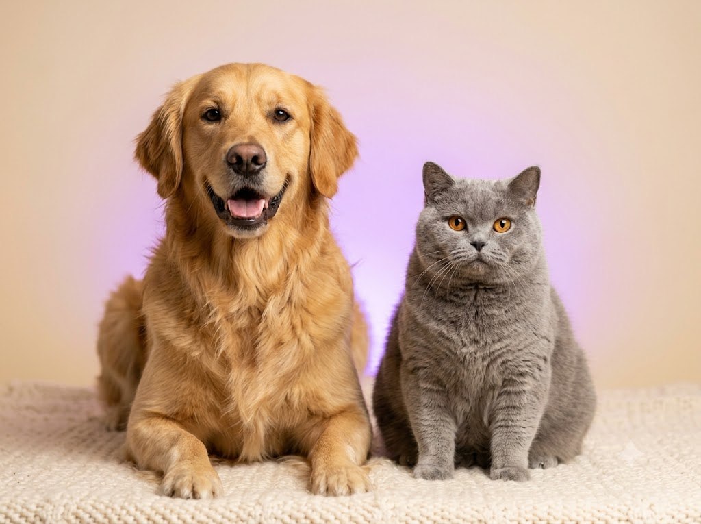 Happy golden retriever and british shorthair cat on cream and purple studio background
