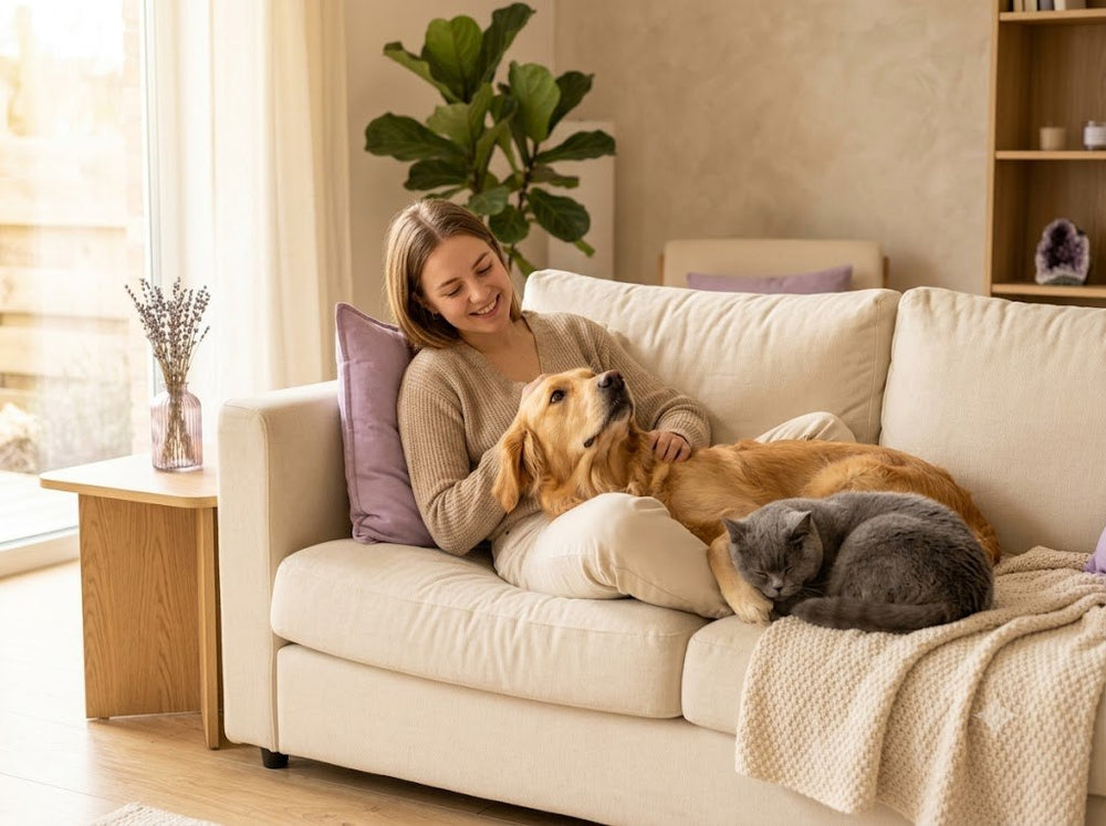 Woman relaxing on a couch with her dog and cat